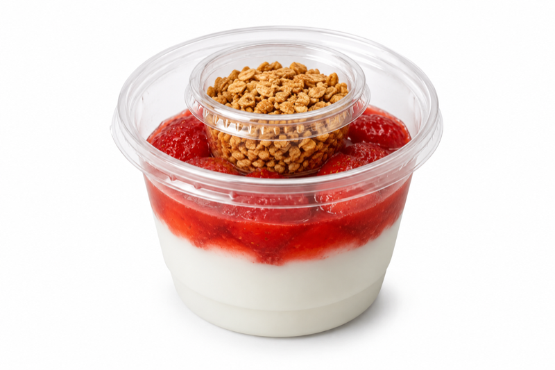 Yogurt cup layered with strawberry and granola topping